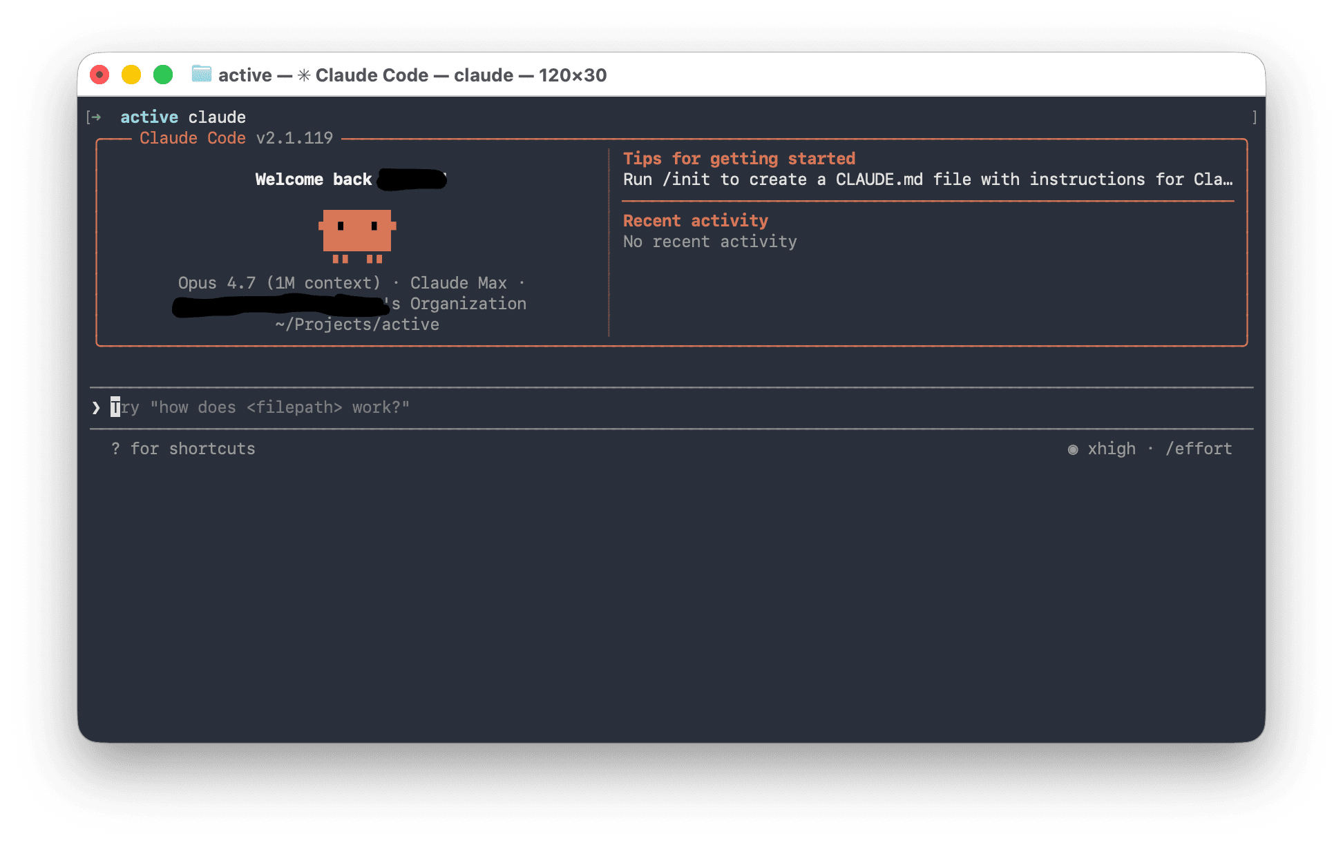 Claude Code running in Terminal, showing the welcome banner with the Claude Code mascot, the active model (Opus 4.7, 1M context), the Claude Max plan, the project directory, a 'Tips for getting started' panel, and an empty input box at the bottom.
