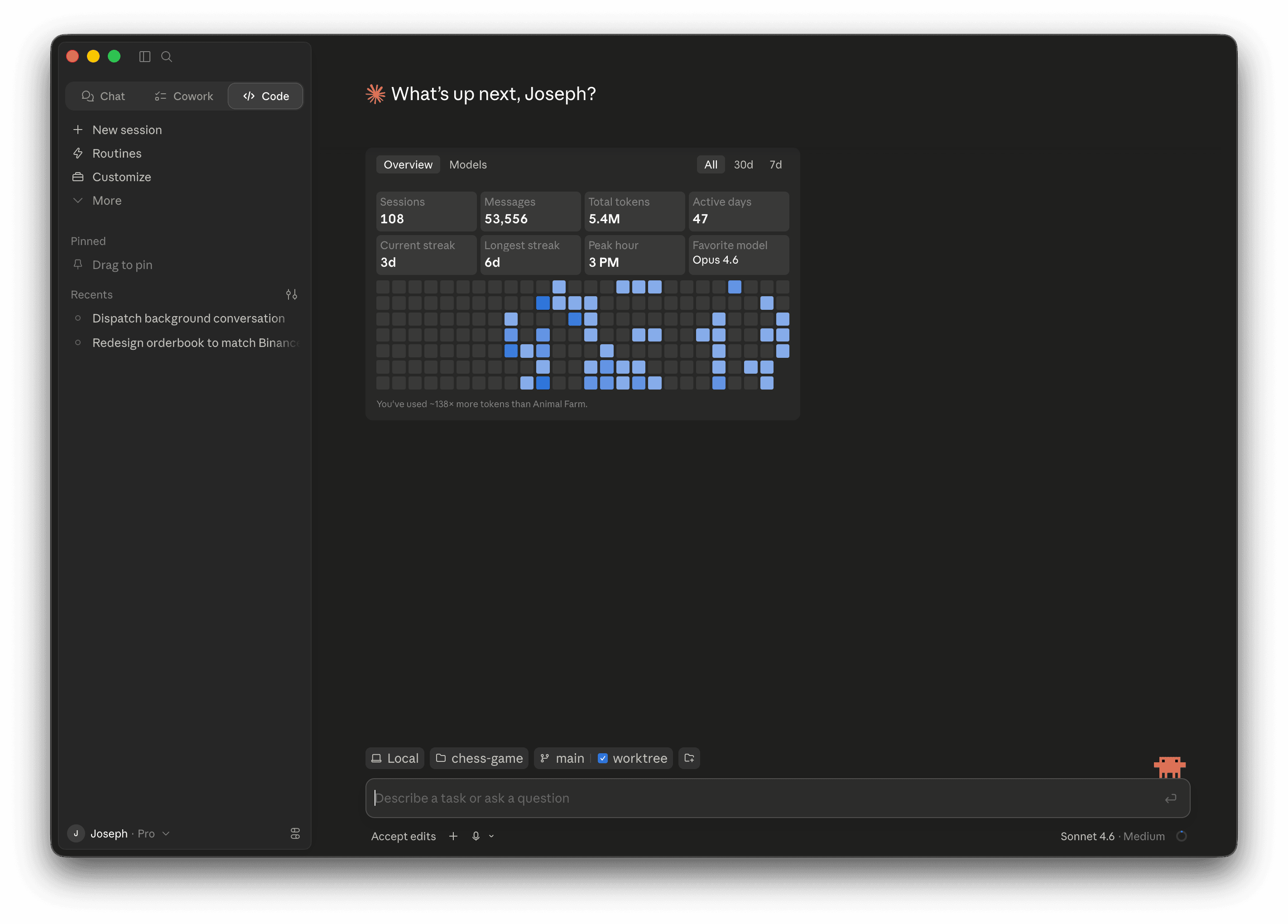 The Claude Desktop app on macOS in dark mode, showing the home screen with usage stats, recent sessions, and a chat input box at the bottom.