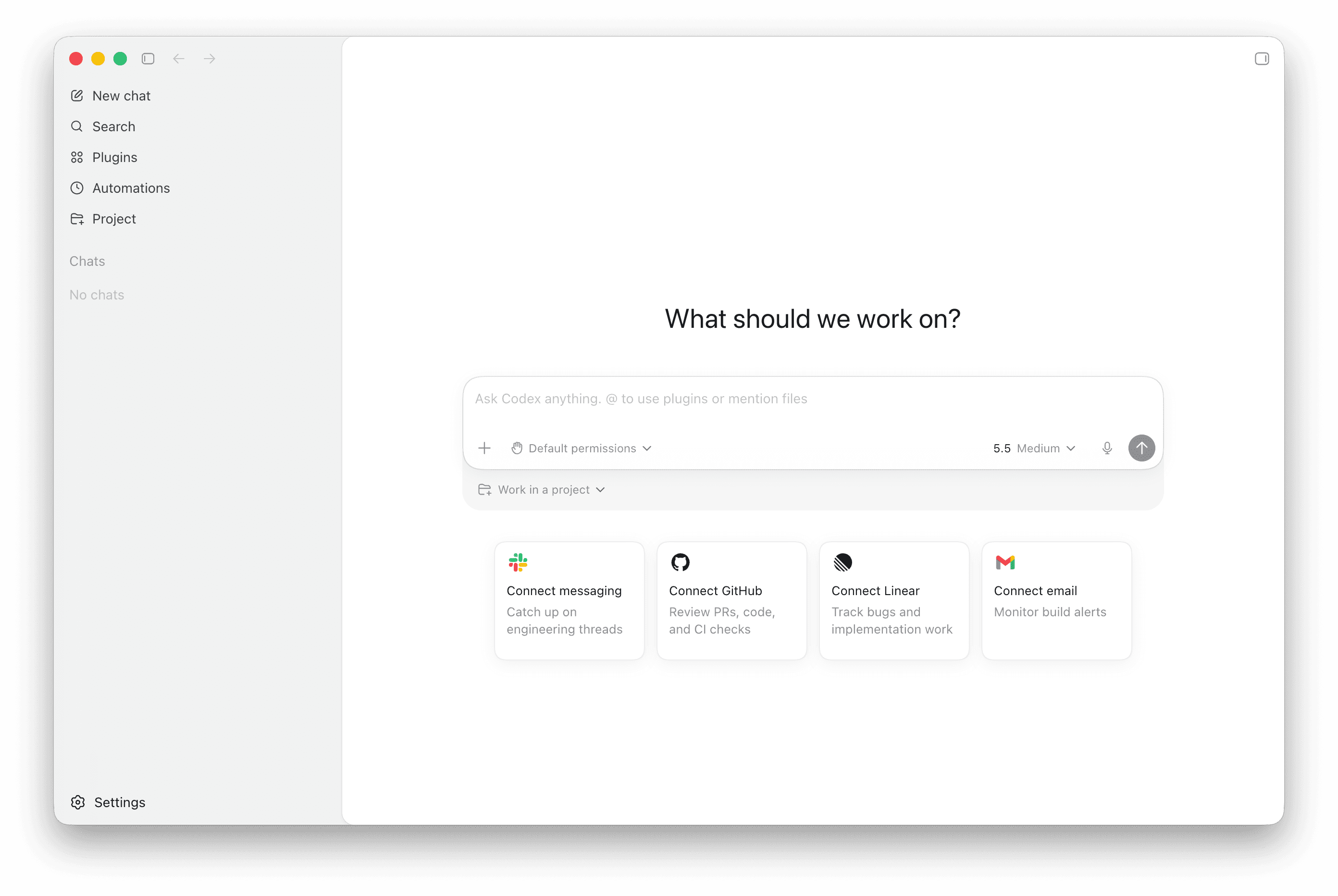 The Codex Desktop app on macOS, showing the empty home screen with a 'What should we work on?' prompt, plugin sidebar, and integration cards for Slack, GitHub, Linear, and email.