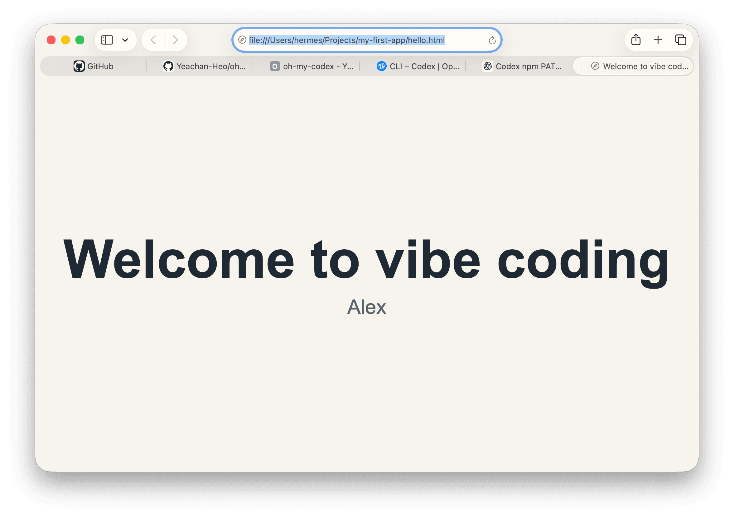 A Safari browser window showing a simple HTML page with 'Welcome to vibe coding' as a large bold heading and the user's name in smaller text beneath.