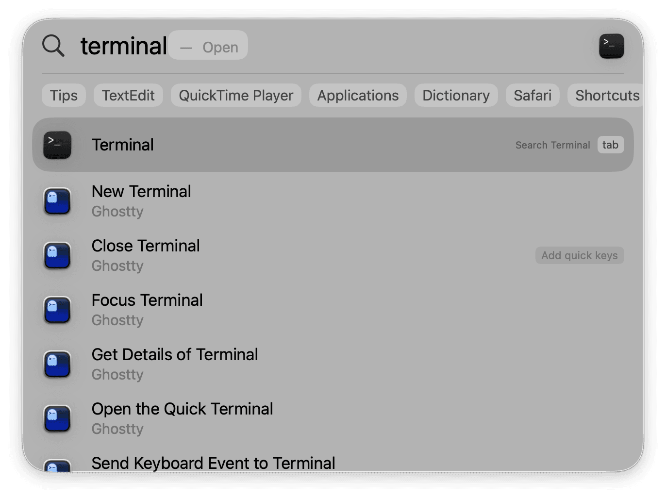 macOS Spotlight Search with 'terminal' typed in the search field and the Terminal app highlighted as the top result.